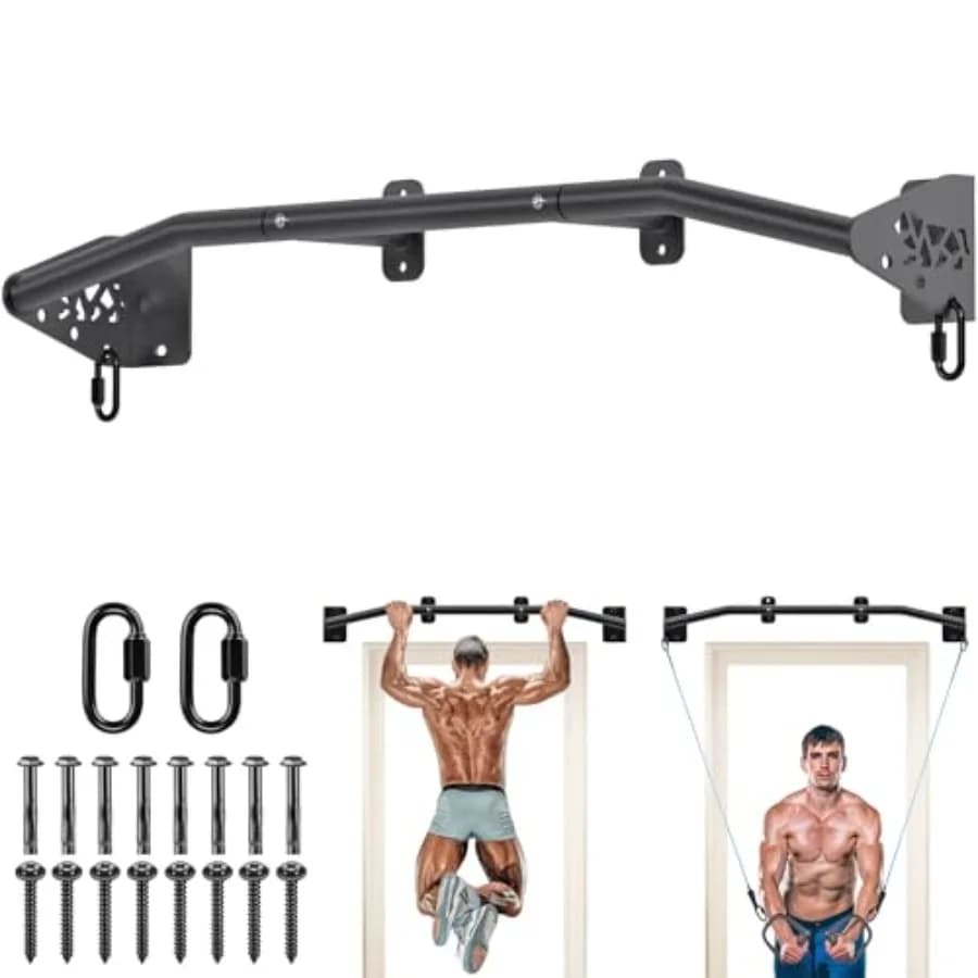 Wall-mounted beam bar for heavy duty, mounting on portal or window, made of sturdy steel with resistance band hook