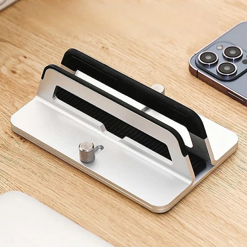 Aluminum Adjustable Vertical Laptop Stand with Holder for iPad Tablet Phone Space-Saving Storage Organizer