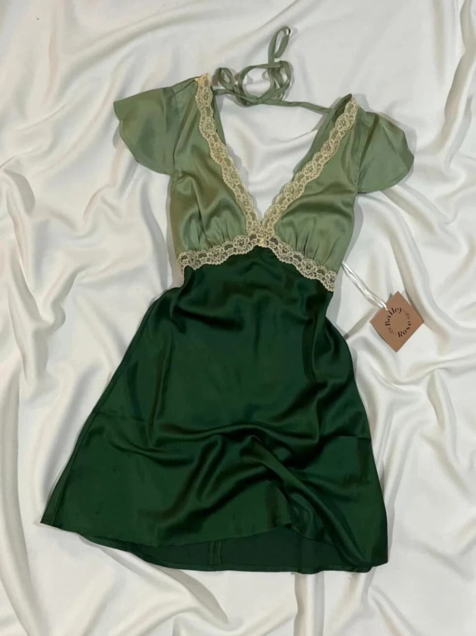 Original Green Lace Trim V-Neck Dress Women's Summer Vintage Retro Clothing Skirt A-Line Silhouette Short Sleeve Fitted Waist