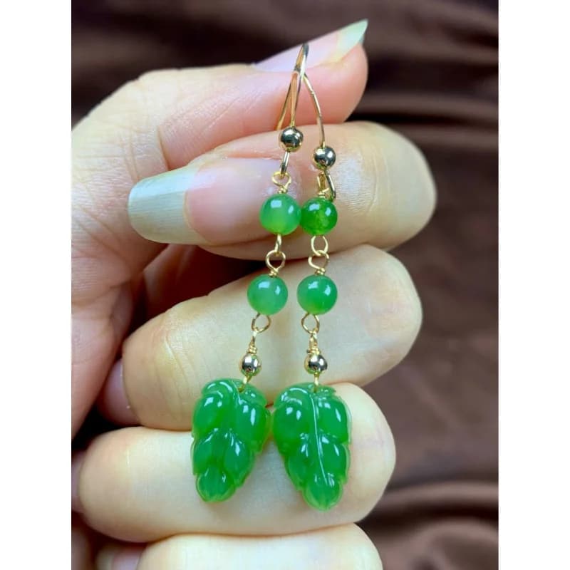 Orecchini a Foglia da Donna in Giada Hetian Verde Spinaci, Stile Antico, Accessori