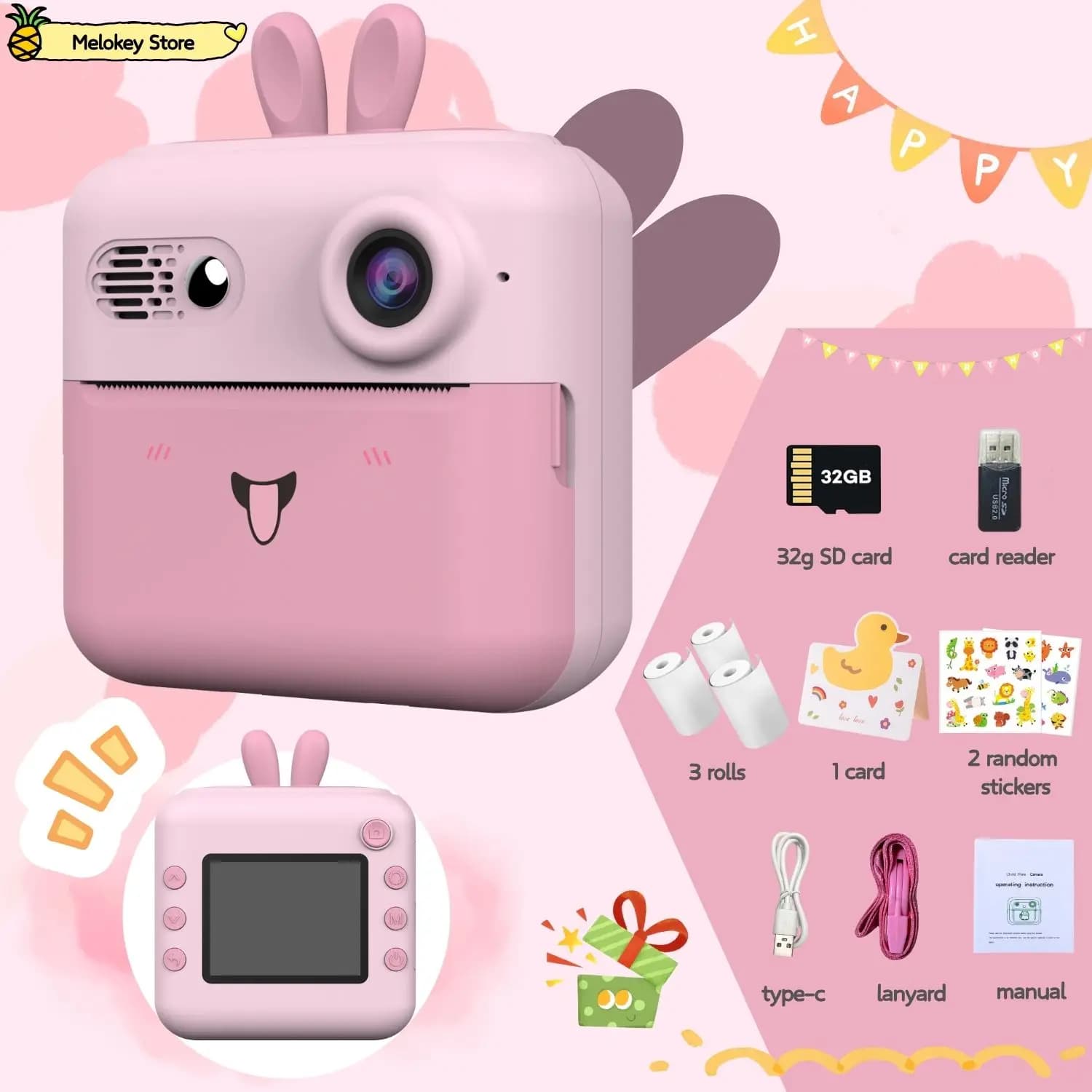 Kids camera printer with game Cute Bunny Mini digital camera for kids with instant print 4-12 years Gifts for kids and girls