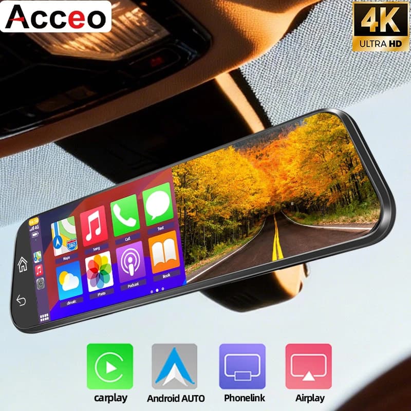 Dash Cam Specchietto Retrovisore 9.66" 4K con Supporto Android Auto, WiFi 5G, GPS, Telecamera Posteriore 1080P, Visione Notturna, Registrazione in Loop, Monitoraggio Parcheggio 24H