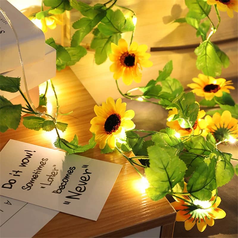 Luci Solari a Forma di Girasole Artificiale, Ghirlanda Luminosa a Rosa, Luci a Foglie Verdi per Decorazioni da Giardino, Feste e Matrimoni
