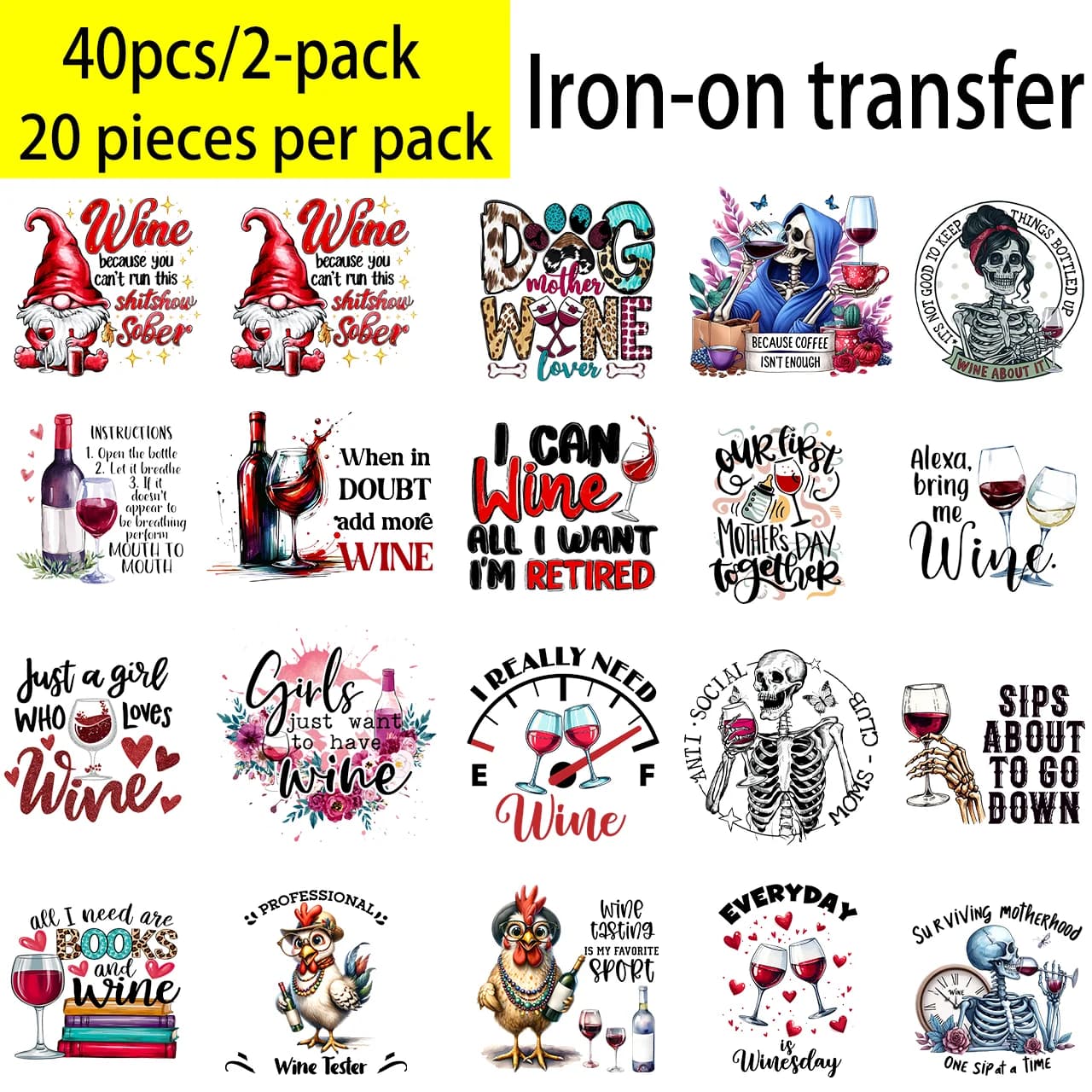 Pack of 20 coloured thermotransferable stickers with tea and wine theme, suitable for DIY clothing, pillows, etc.