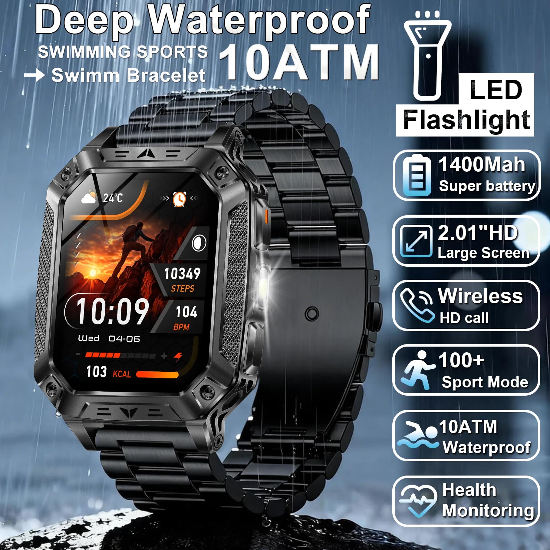 Nuovo Smartwatch Militare da Uomo 2026, Batteria 1400mAh, Chiamate Bluetooth, Impermeabile 10ATM, Torcia, Orologio Intelligente per Sport all'Aperto