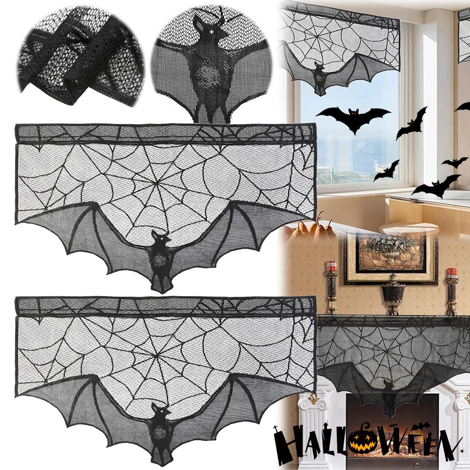 Halloween Bat Spider Web Black Lace Curtain Door Window Tablecloth Shower Fireplace Mantle Scarf Cover Decor Set