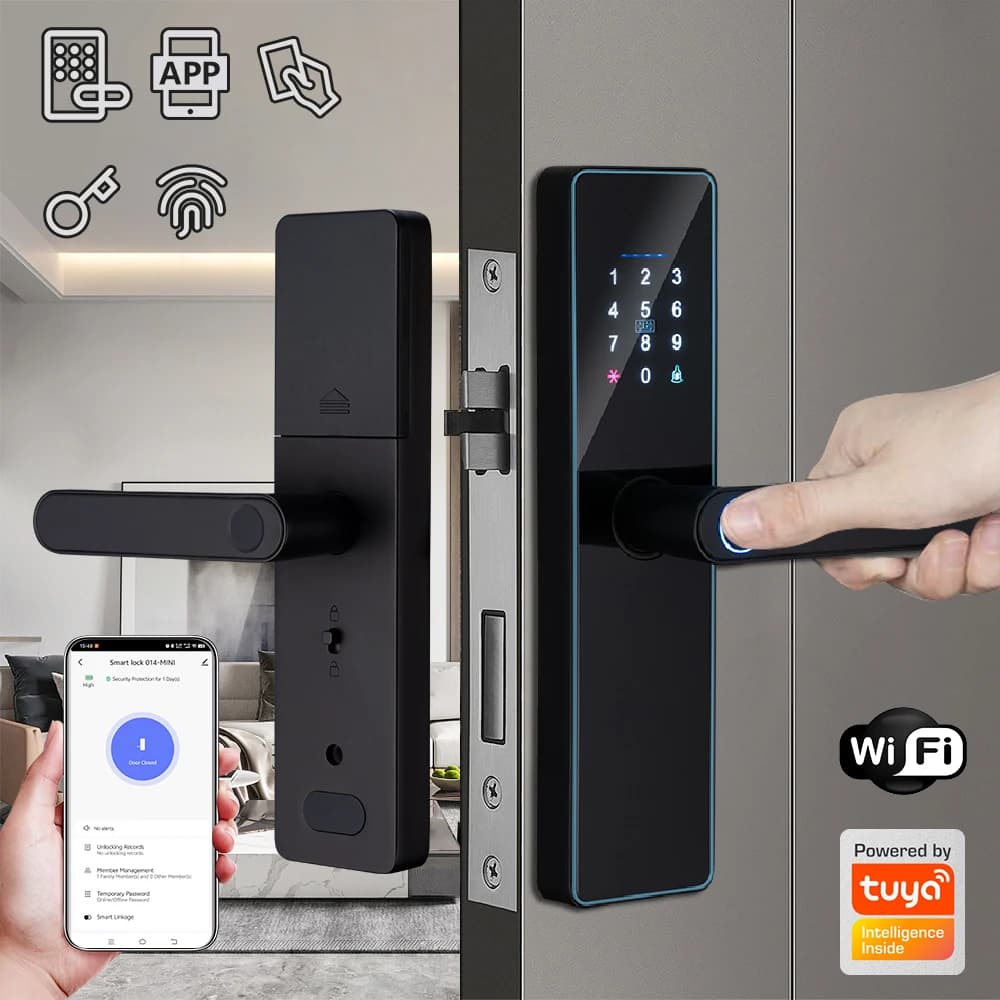 2026 New WiFi Tuya APP Smart Door Lock Remote Unlocking Digital Electronic Smart Home Wooden Door Lock Fingerprint Sound Quiet