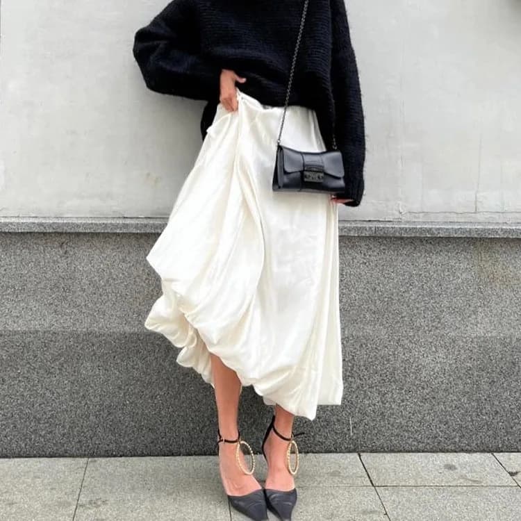 Women's Elegant Long Puff Skirt White Satin High Waist Midi A-Line Bubble Skirt Flowing Petticoat Sweet Style