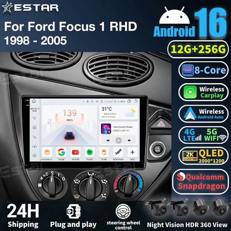 Autoradio RHD per Ford Fiesta 1995-2001 Focus MK1 1998-2004 con Carplay, Android Auto, lettore multimediale video, GPS, FM, DSP, BT.