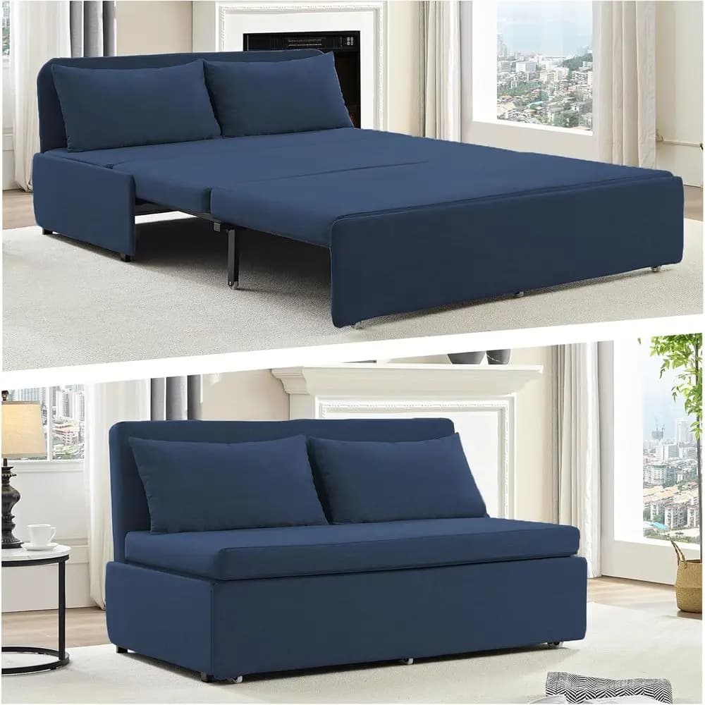 Divano Letto Convertibile Queen Size con Cuscini e Lenzuola, Divano 3-in-1 per Soggiorno in Blu