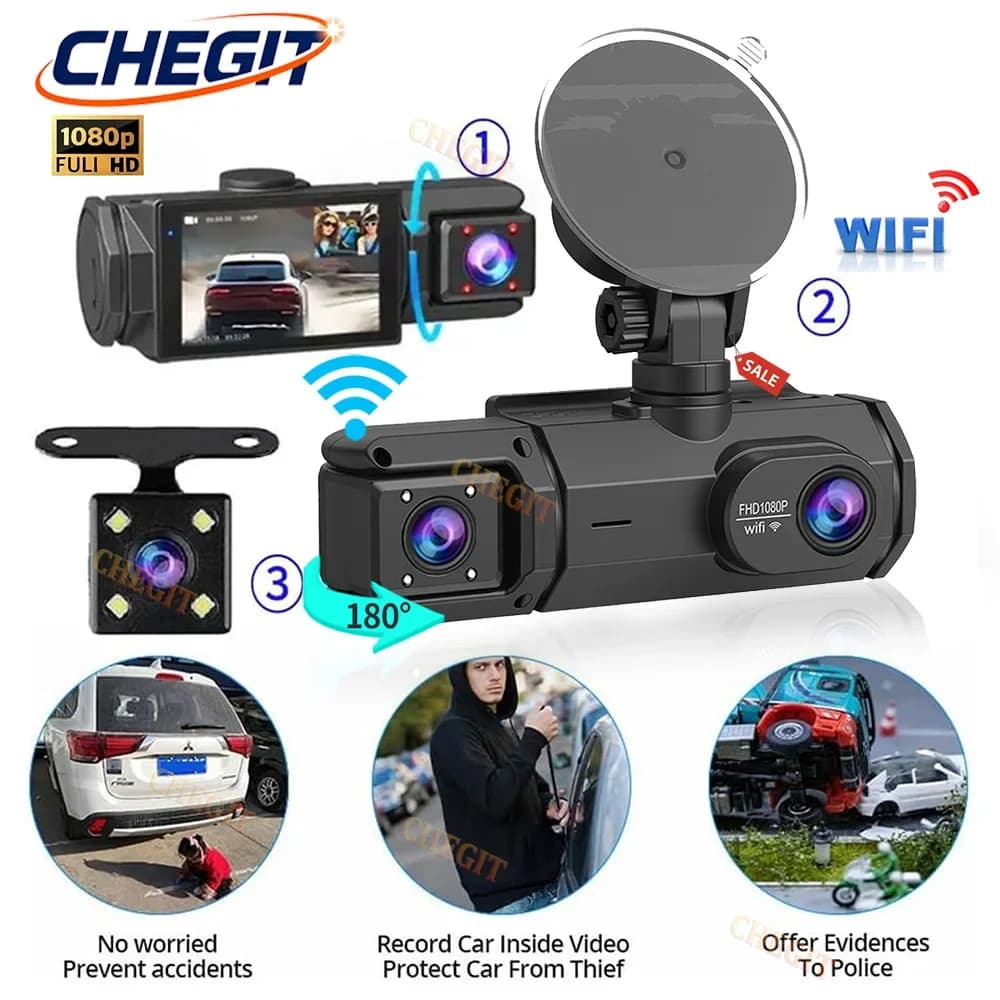 Dash Cam for Cars in Triple Channel with 2/3 Objectives HD 1080P DVR with WIFI, Loop Registration, Night Vision, Black Box Front and Interior, Car Accessories