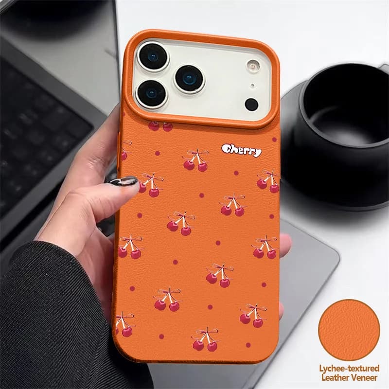 Cute Cherry Pattern Phone Case For iPhone 17e 17 16 Pro Max 15 14 13 Pro Max 16e Shockproof Soft Leather Texture Silicone Cover