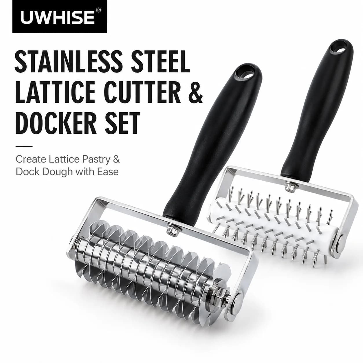 Uwhise Stainless Steel Pastry Lattice Roller Cutter And Pizza Dough Docker Heavy Duty Baking Tools For Pie Crust