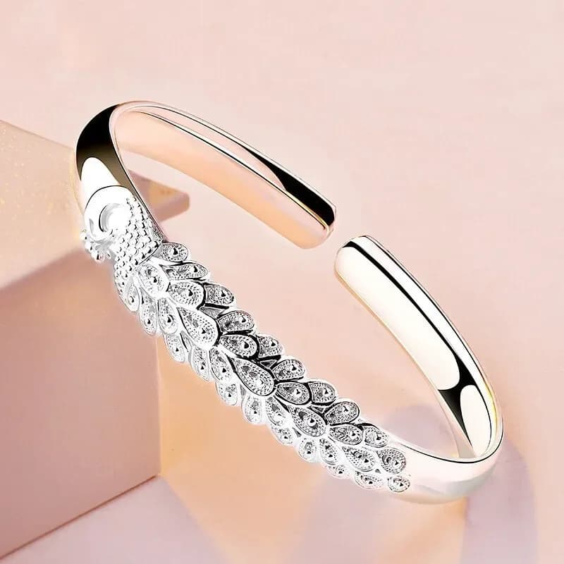 Elegante Bracciale Aperto in Argento Sterling con Design a Pavone per Donne, Gioiello di Lusso per Feste
