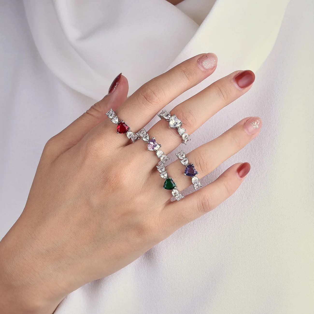 Colorful Zircon Heart Silver Series Exquisite Light Luxury Trendy Versatile Open Ring
