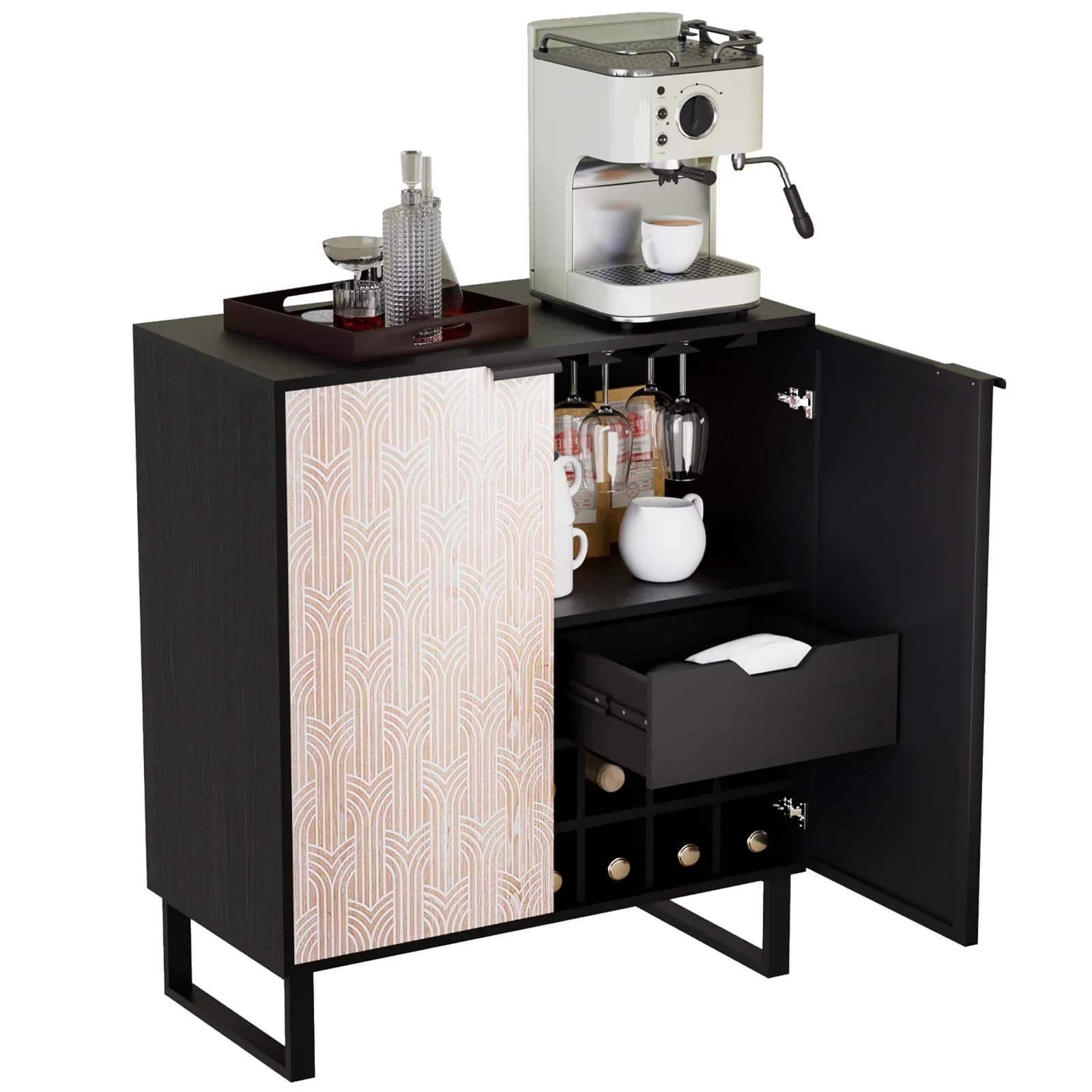 Armadietto da vino in legno Armadietto da bar con supporti in vetro Credenza da vino indipendente Tavolo da bar Buffet per soggiorno Sala da pranzo