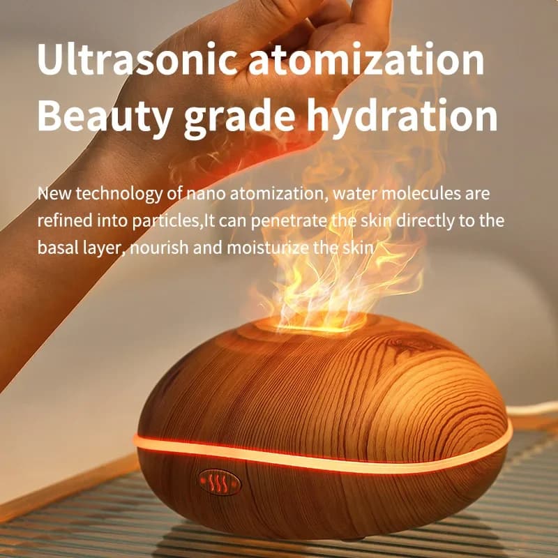 HOMEFISH 200ML Flame Aroma Diffuser with 7 Colors Night Light Portable Wood Grain USB Humidifier Cool Mist Essential Oil Fragran