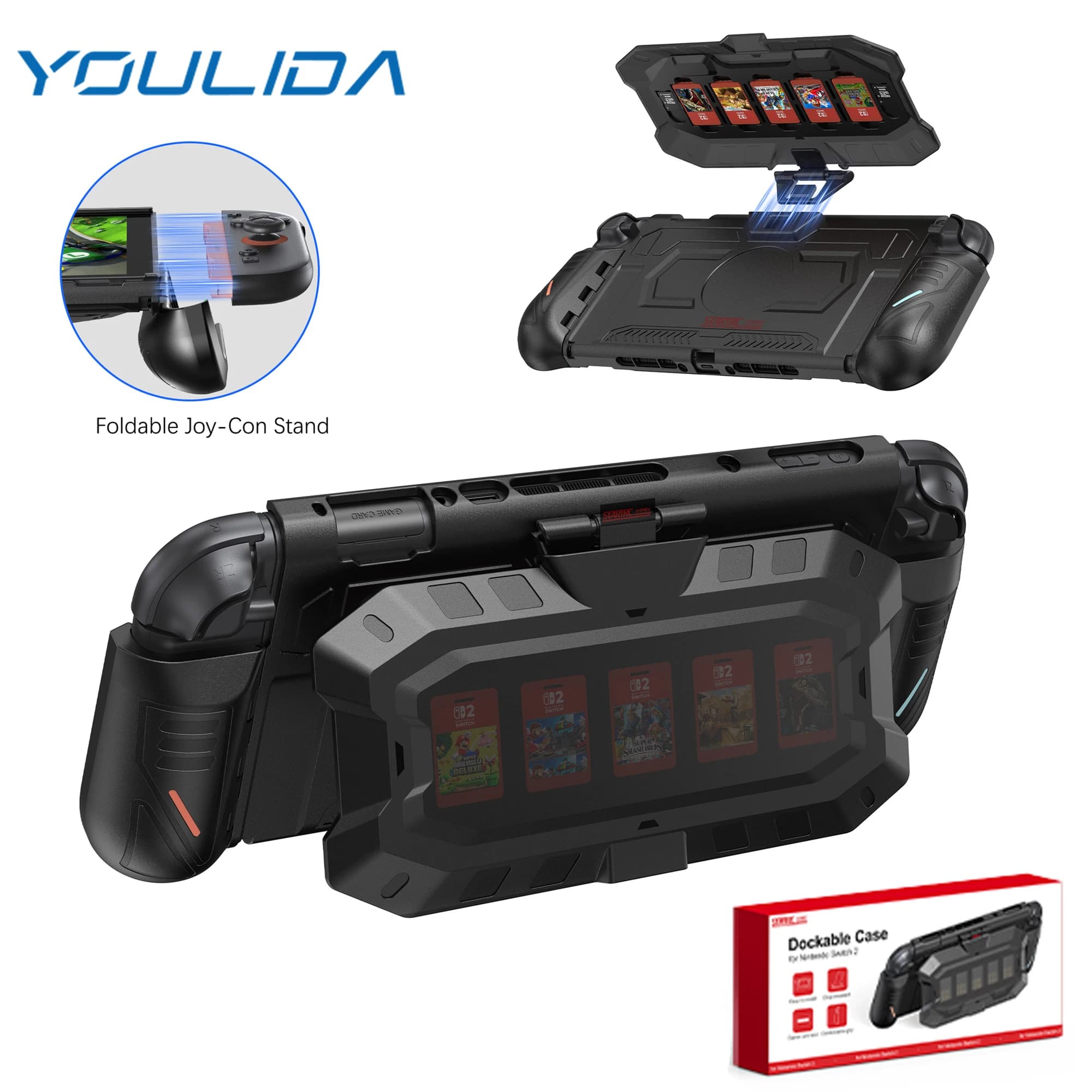 Custodia protettiva per Switch 2 Gioco Custodia protettiva Mecha monopezzo Supporto Joy-Con pieghevole Staffa da tavolo con guscio posteriore staccabile