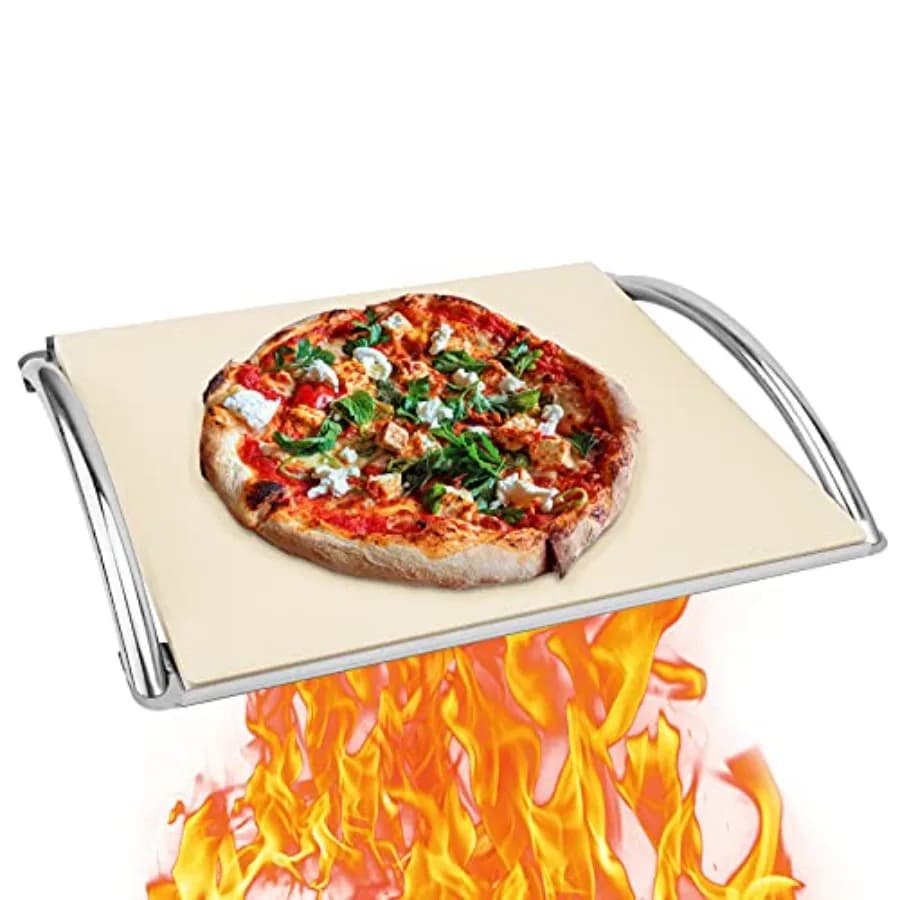 Pietra per Pizza Rettangolare da 16 Pollici con Griglia in Acciaio Inox e Manico, Pietra da Forno Resistente Ideale per la Maggior Parte dei Grill a Carbone/Gas