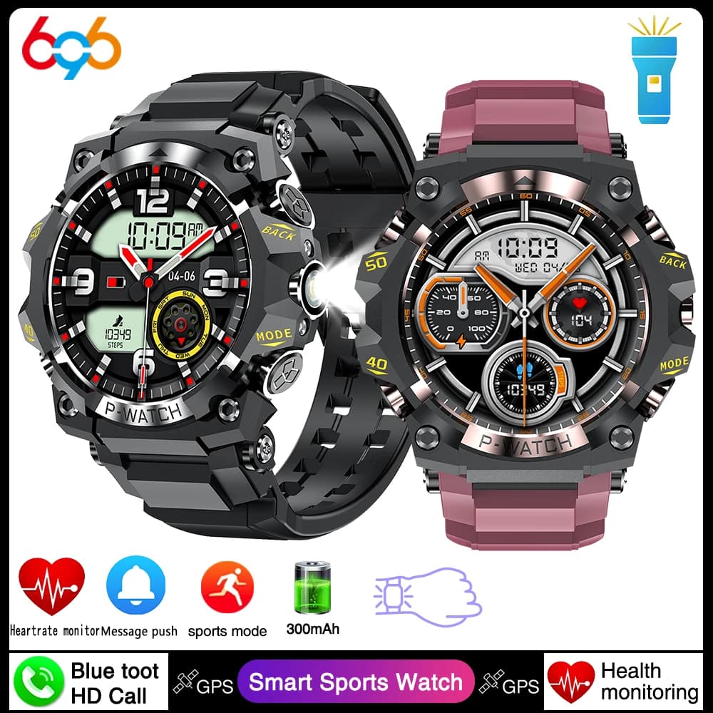 Torcia elettrica Sport all'aria aperta Orologi intelligenti Uomo Bussola Dente blu Chiamata Smartwatch Messaggio impermeabile Push Monitoraggio della salute del sonno