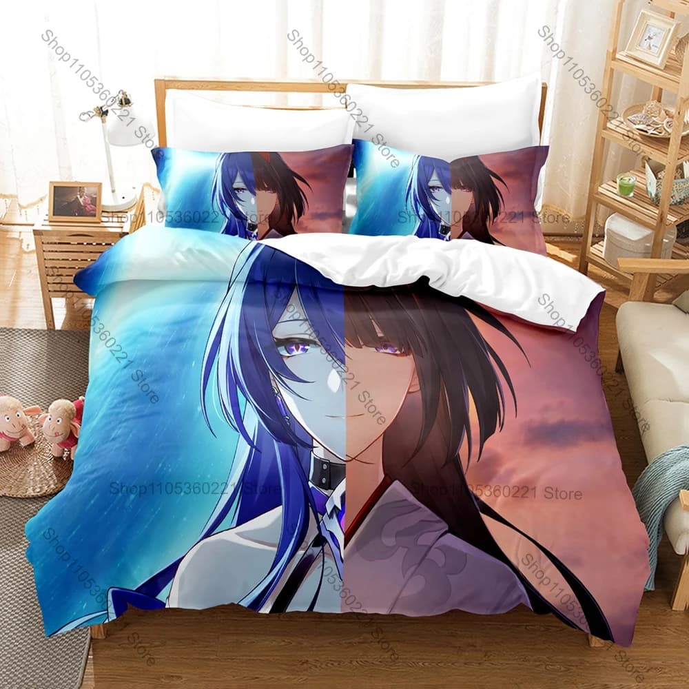 Cool Acheron Honkai Star Rail Purple Lightning Galaxy Ranger Sword Battle Anime 3D Bedding Set Includes Duvet Cover + 2 Pillowca