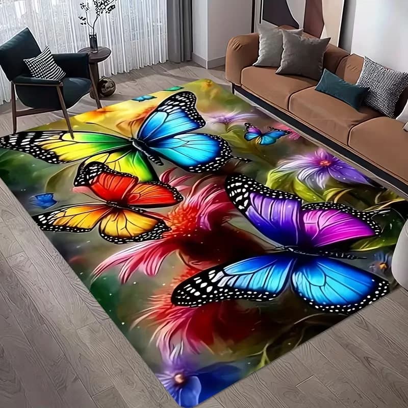 Elegant Multicolor Butterfly Design Carpet, Soft and Comfortable Polyester Rug, Suitable for Living Room, Bedroom Mats