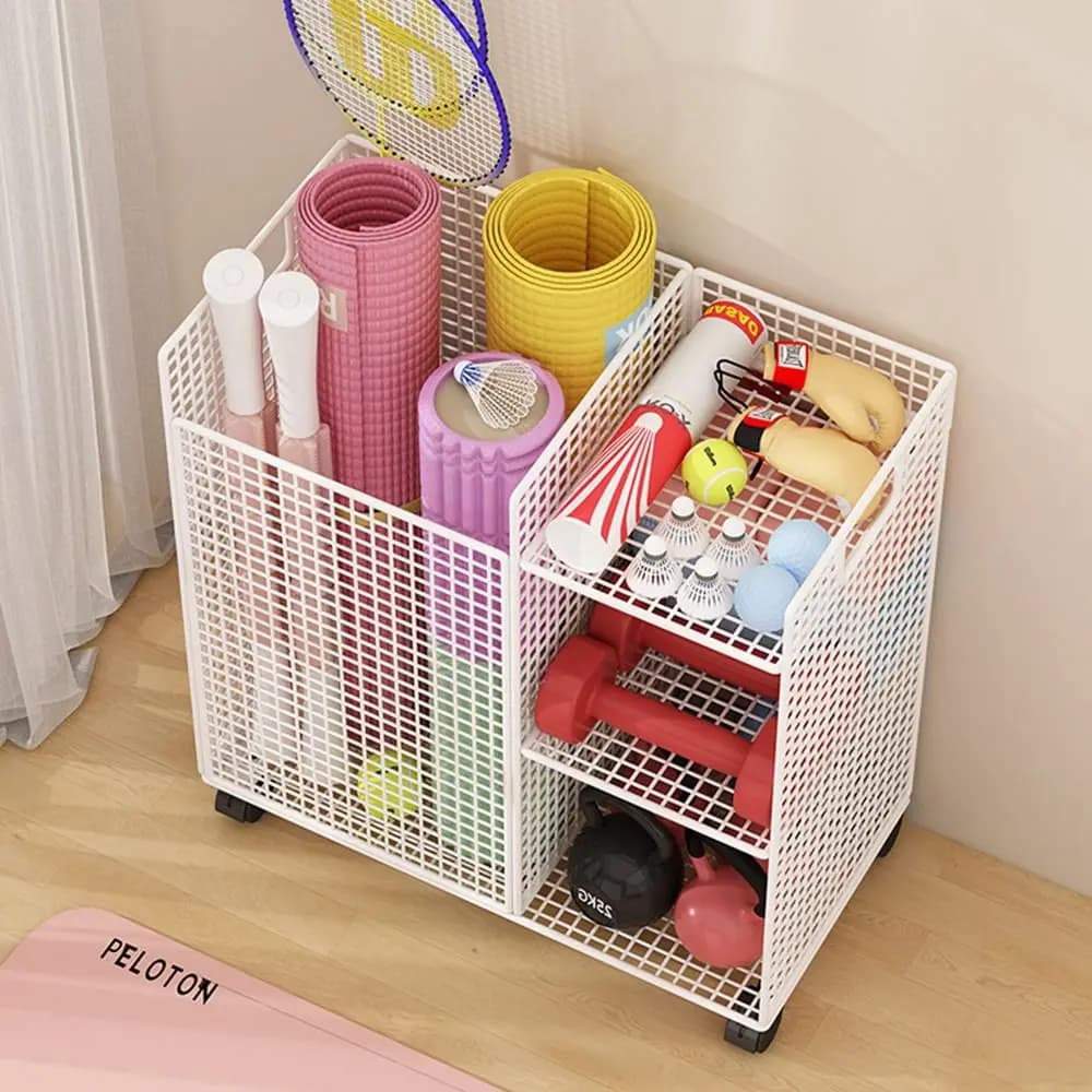 Metal yoga mat storage basket with wheels Multi-layer house shelf Fitness equipment rack