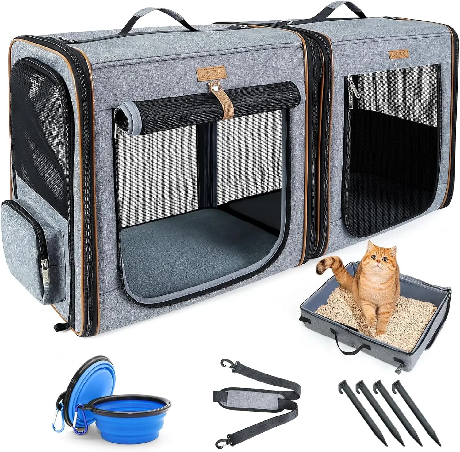 Trasportino Grande per 2 Gatti, Trasportino da Viaggio 2-in-1 con Lettiera, (45x2) x42x33 cm, Trasportino per Animali Domestici con Chiusura a Cerniera