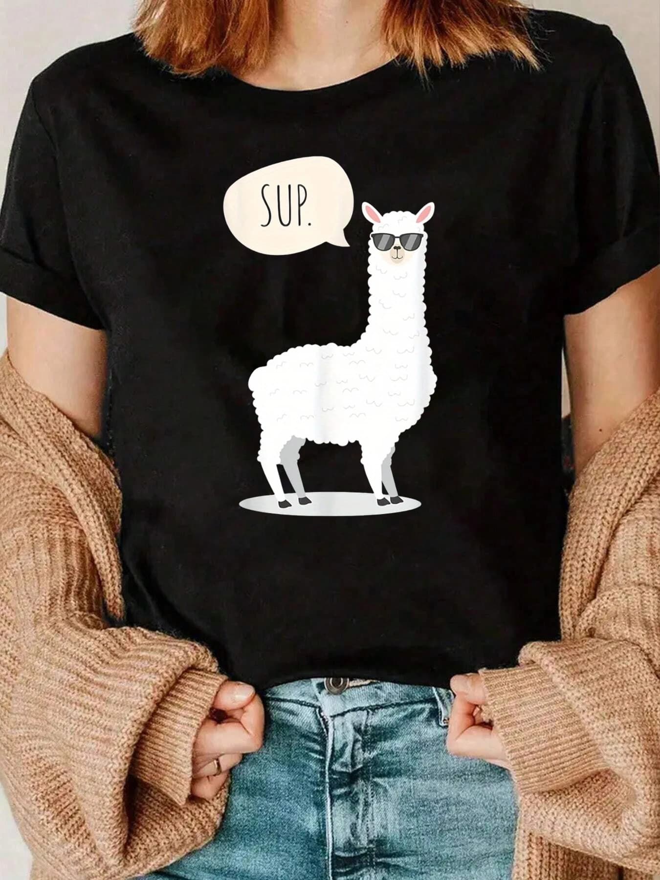 Alpaca con occhiali da sole e maglietta con grafica Sup Discorso Bubble, casual da indossare tutti i giorni per le donne 220 g