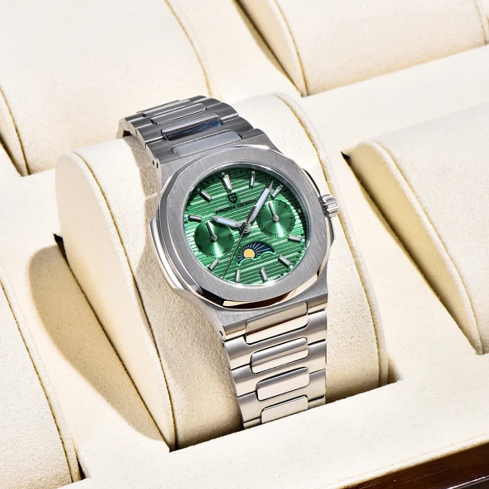 Orologio da uomo PAGANI DESIGN, orologio al quarzo di lusso con fasi lunari, impermeabile, luminoso, con data automatica, in acciaio inossidabile.