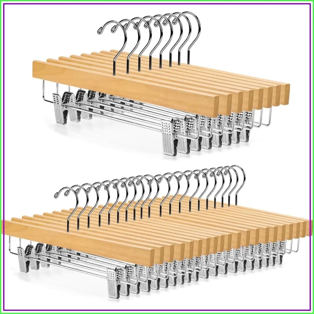 Deluxe Wooden Pants Hangers, Solid Lotus Jeans Skirt Hanger with Clips Anti-Rust Hook Pack of 28