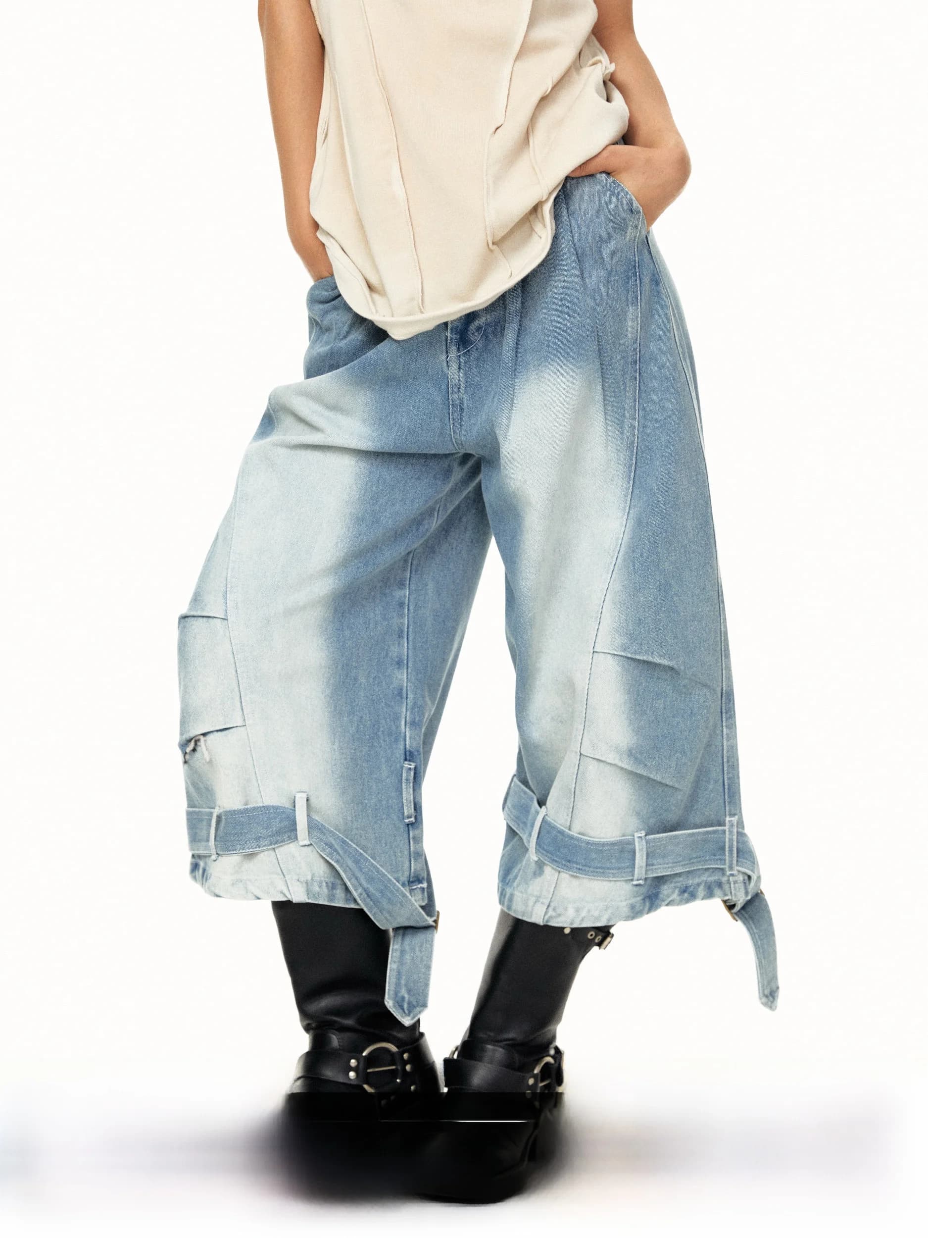 Blackbb American Retro Belted Loose Wide Leg Jeans Women's Nine Point Light Blue Belt Straight Leg Summer Jeans Casual Cotton