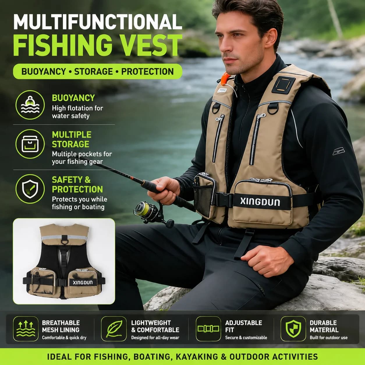 High Buoyancy Fishing Vest Life Jacket Multi Pocket Adjustable Fly Fishing Vest for Sea Fishing Rock Fishing Kayaking Boating Ou