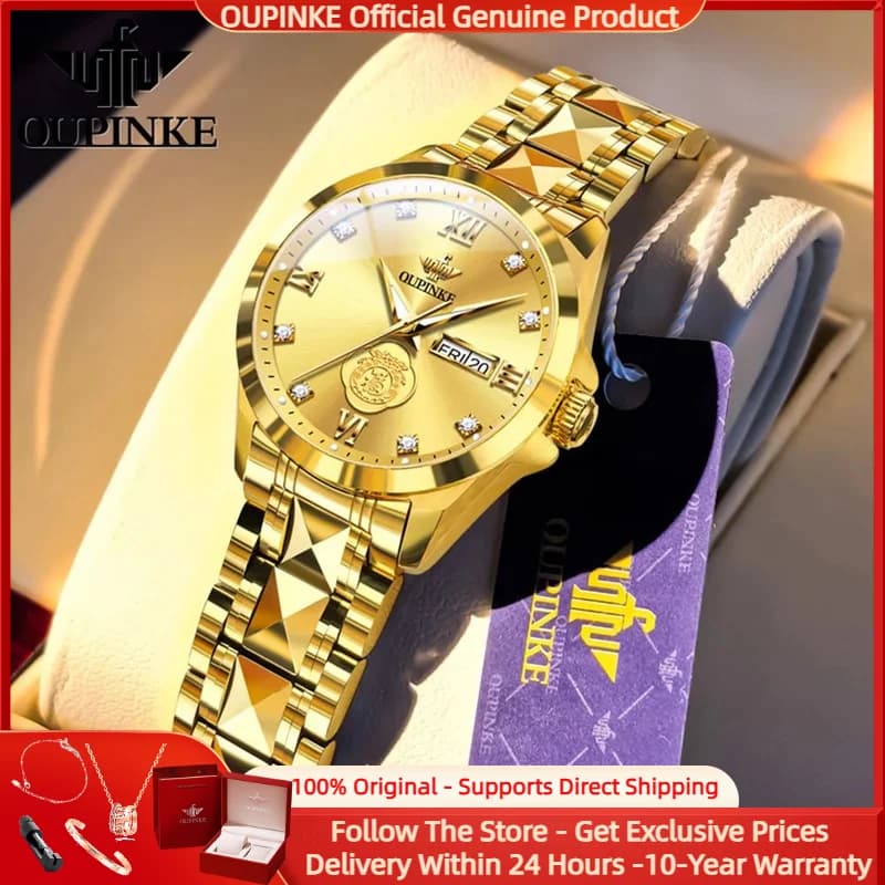 OUPINKE 3305 Authentic Gold Women's Watch with Diamonds Imported Mechanical Watch Luxury Women's Watch with Bag Golden Fortune Women's Set Tungsten Steel
