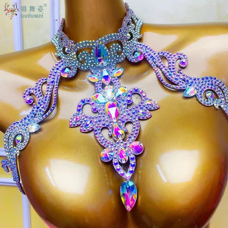 Collana colorata appesa al collo speciale per danza del ventre con retro Abito da performance di danza orientale Catena per il petto Accessori latini