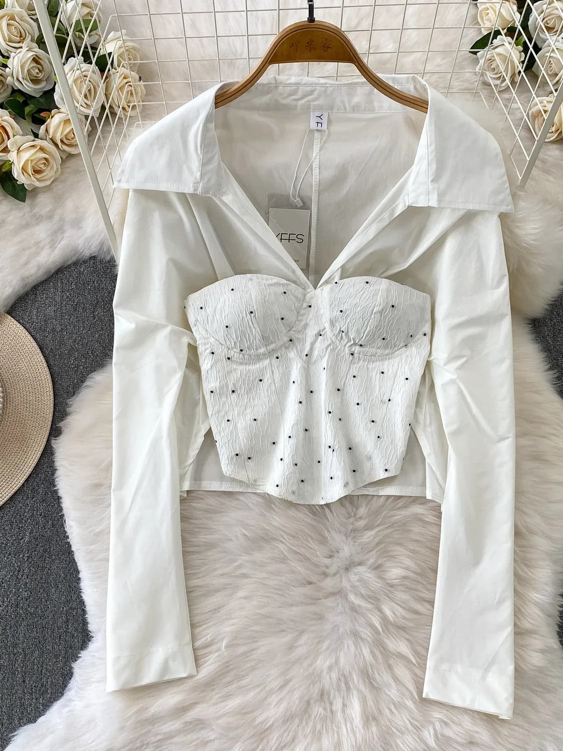 Women's White Polka Dot Patchwork Blouses and Shirts Vintage Elegant 2000s Long Sleeve V-Neck Shirt Clothes Spring Autumn 2026