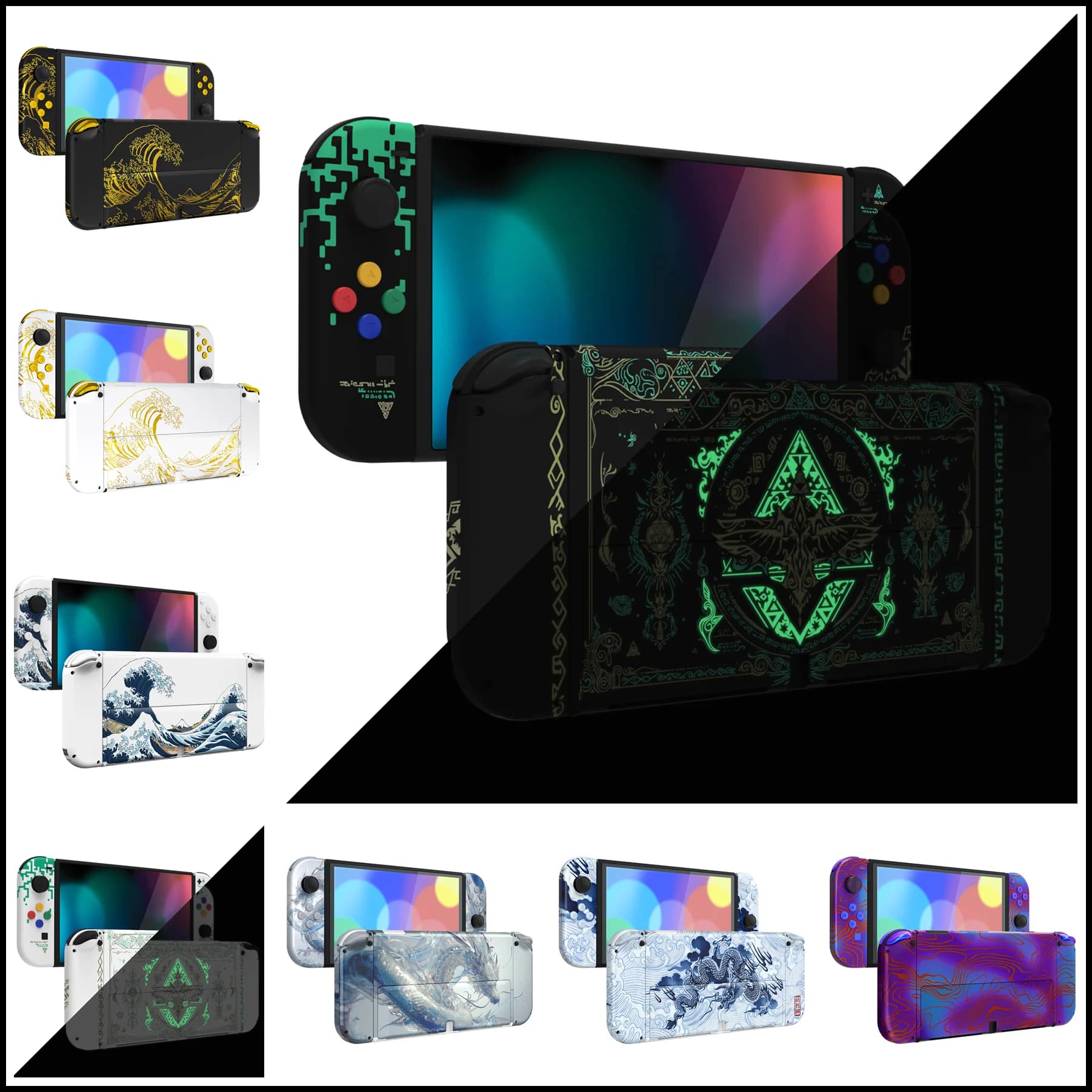 eXtremeRate Set completo di coperture per Nintendo Switch OLED, cavalletto e pulsanti con piastra posteriore - Serie fantasia