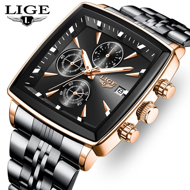 LIGE Top brand luxury watches mens Business Square Military Waterproof Sports Quartz Men's Stainless Steel Strap Calendar reloj