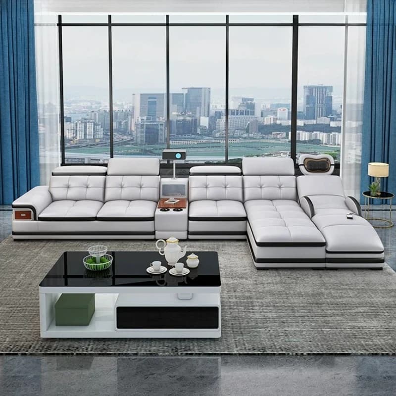 Bluetooth Speaker and Massage Italian Leather Sofa Set with USB, Cup Holder, Adjustable Headrests, Projector Living Room Couch