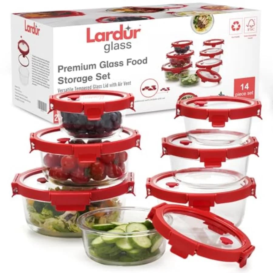 Set di 7 Contenitori in Vetro Borosilicato Premium per Alimenti con Coperchi Ventilati, Varie Dimensioni, Rotondi, per Preparazione Pasti, Senza BPA