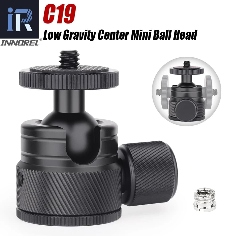 Mini testa a sfera-INNOREL C19 Testa a sfera per treppiede a basso profilo in metallo CNC 360 ° Padella 90 ° Inclinazione Maxload 3 kg per telefono/fotocamera DLSR/mini supporto