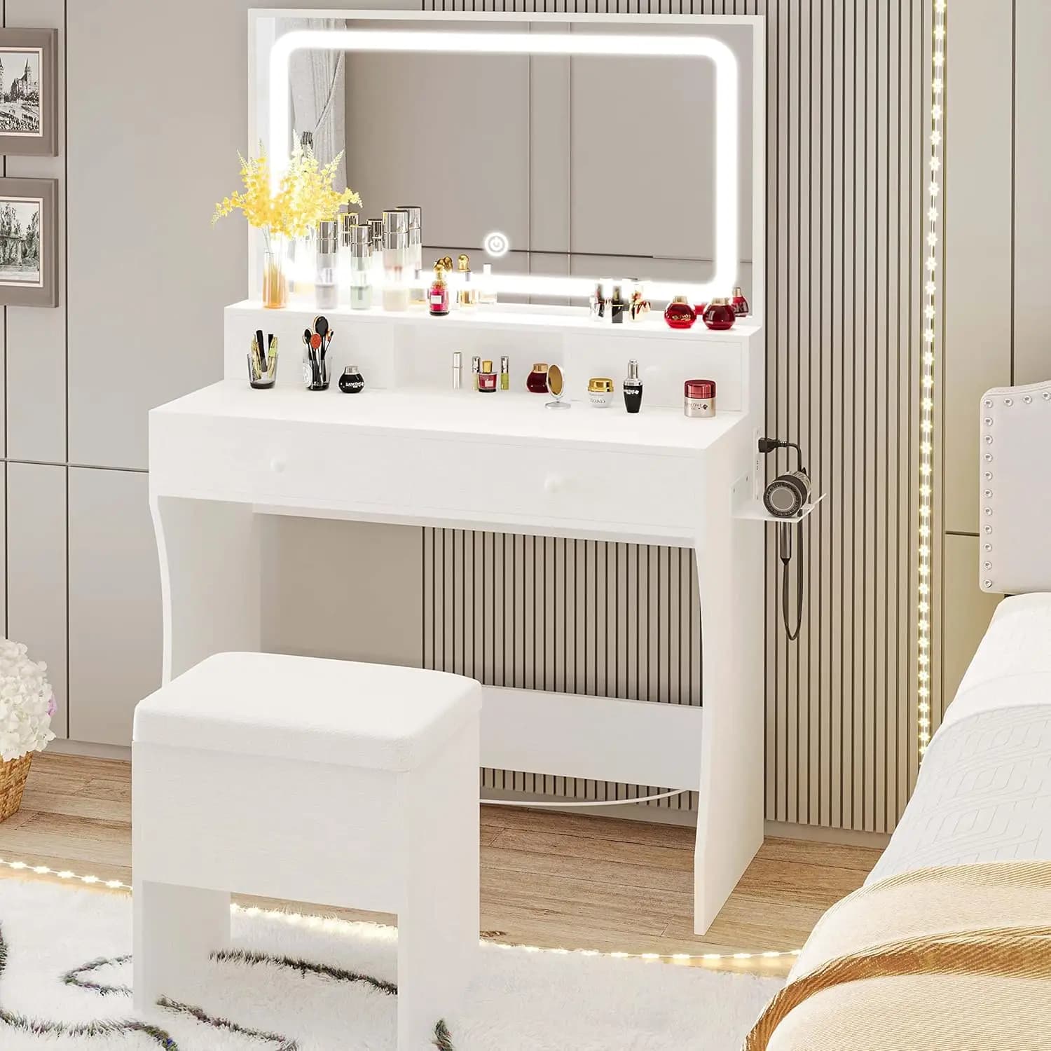 Toeletta con Specchio LED Illuminato, Presa di Corrente e 4 Cassetti, Set Tavolo Trucco con Sgabello Contenitore e Asciugacapelli, Personalizzabile