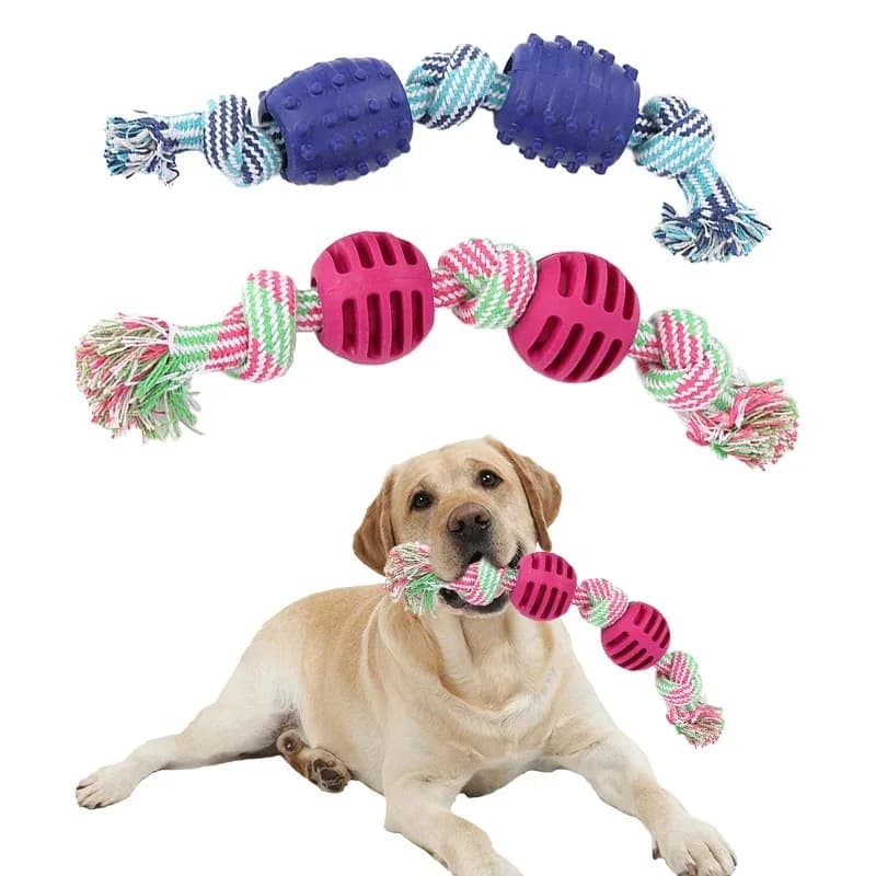 Corda di cotone a doppio nodo con pallina, giocattolo per cani, giocattolo per la pulizia dei denti, prodotti per la pulizia dei denti degli animali domestici