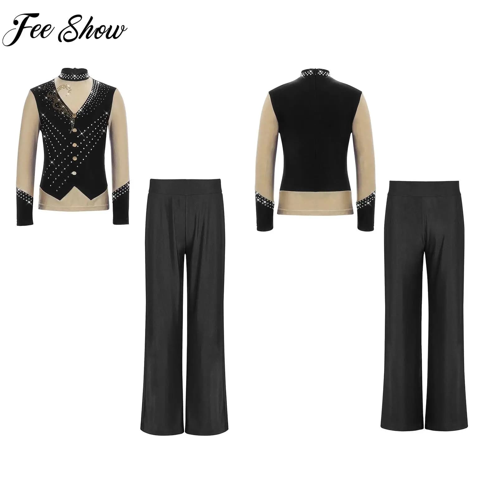 Costume da pattinaggio artistico su ghiaccio per ragazze, completo da danza per bambini, per lezioni e competizioni, con strass, top a maniche lunghe + pantaloni, set da ballo in 2 pezzi
