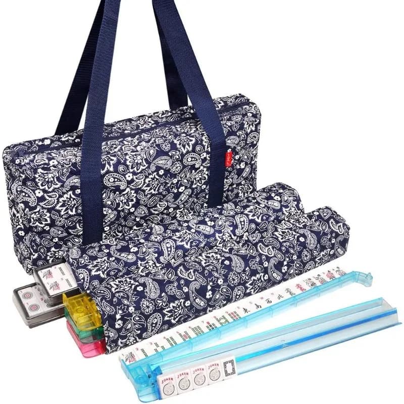 Mahjong Set 166 Piastrelle bianche premium, 4 rack/pusher all-in-one, borsa morbida Paisley blu – Compl classico a grandezza naturale
