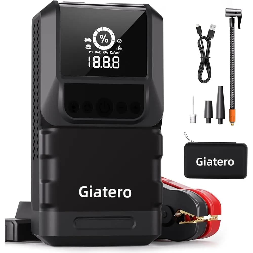 Avviatore d'Emergenza Portatile 6000A con Compressore d'Aria, Batteria 12V, Torcia a 3 LED, Display LCD e Power Bank