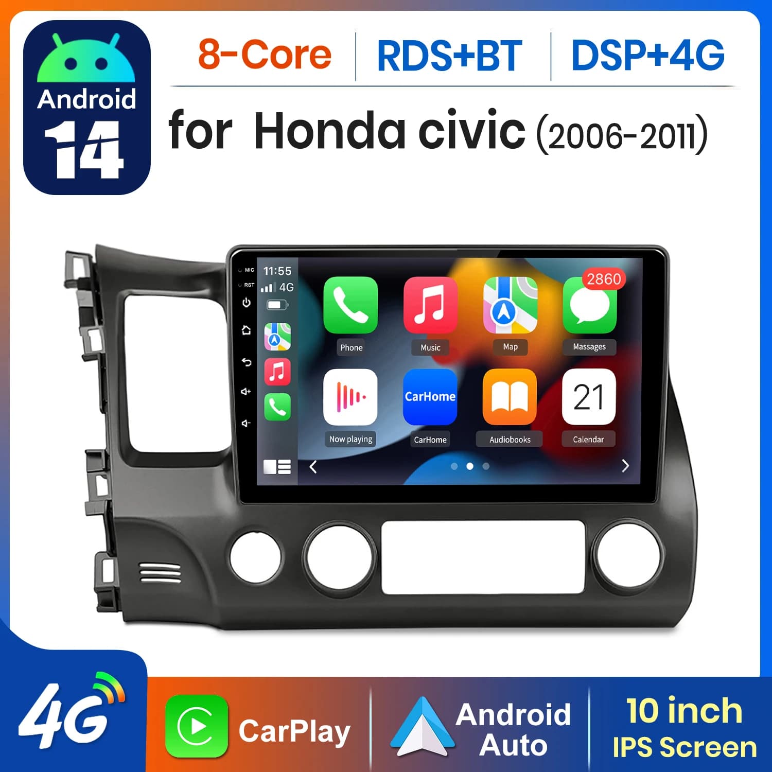 AWESAFE AI 4G LTE Wireless CarPlay Android Auto Autoradio Per Honda Civic 8 2006 2007 2008 2009 2010 2011 GPS Navi BT DSP RDS FM