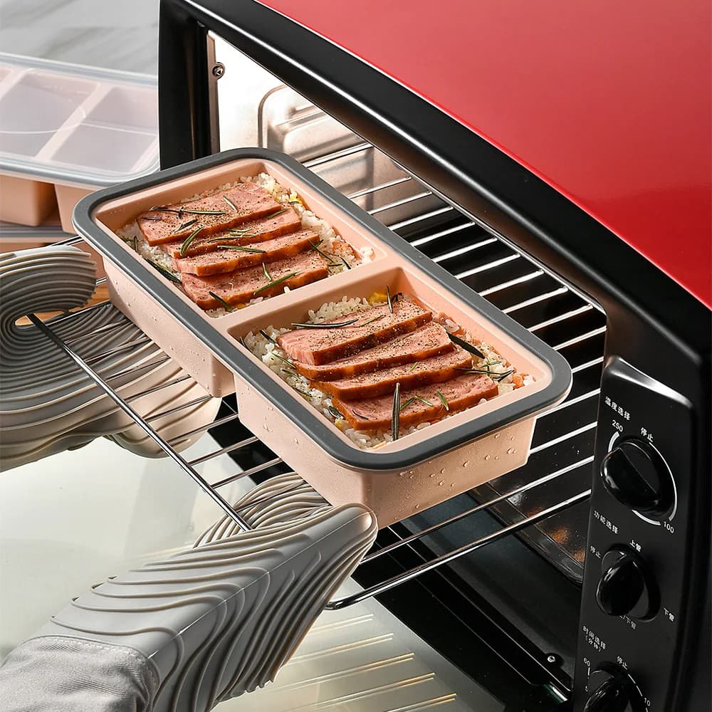 Contenitore per Pranzo in Silicone a 2 Scomparti con Coperchio, Contenitore Riutilizzabile per Freezer, Scatola Bento per Microonde per la Scuola