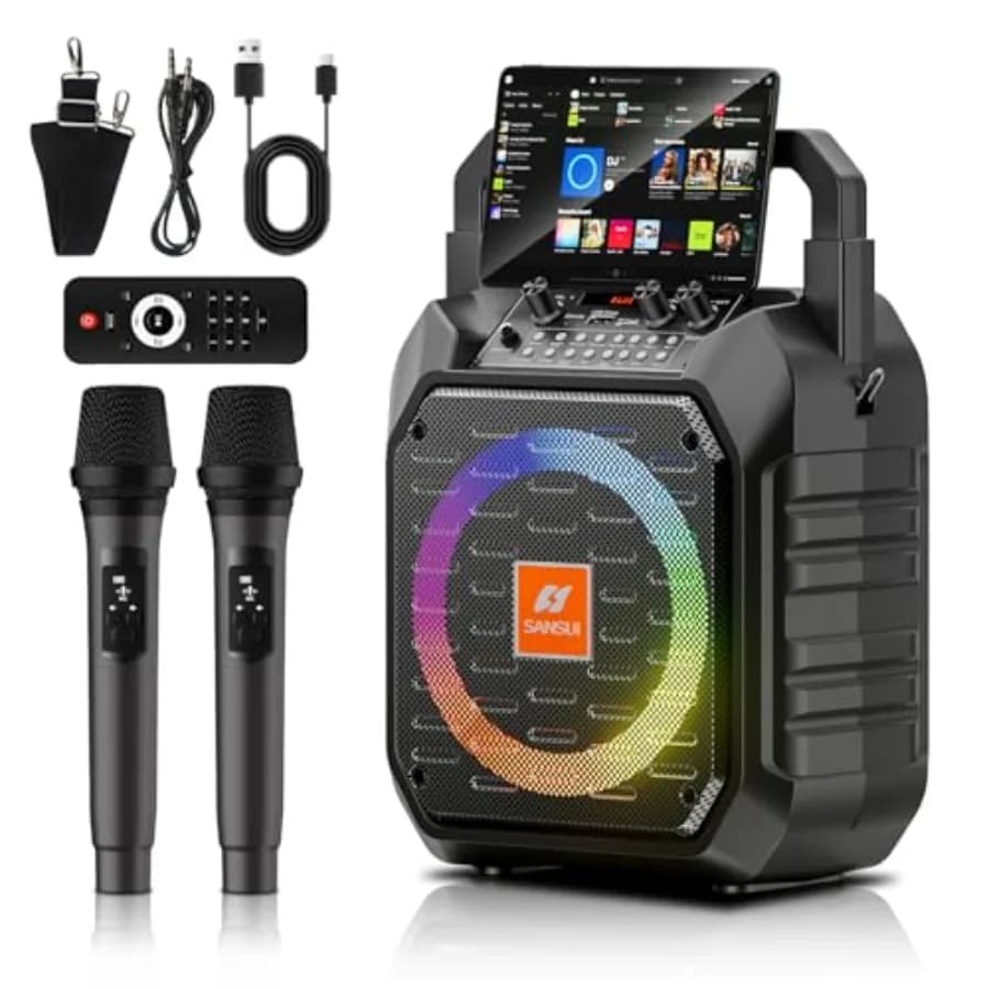 D69 Karaoke Machine, Portable Bluetooth PA Speaker with 2 Wireless Microphones and Colorful Lights, Karaoke System for Adults,