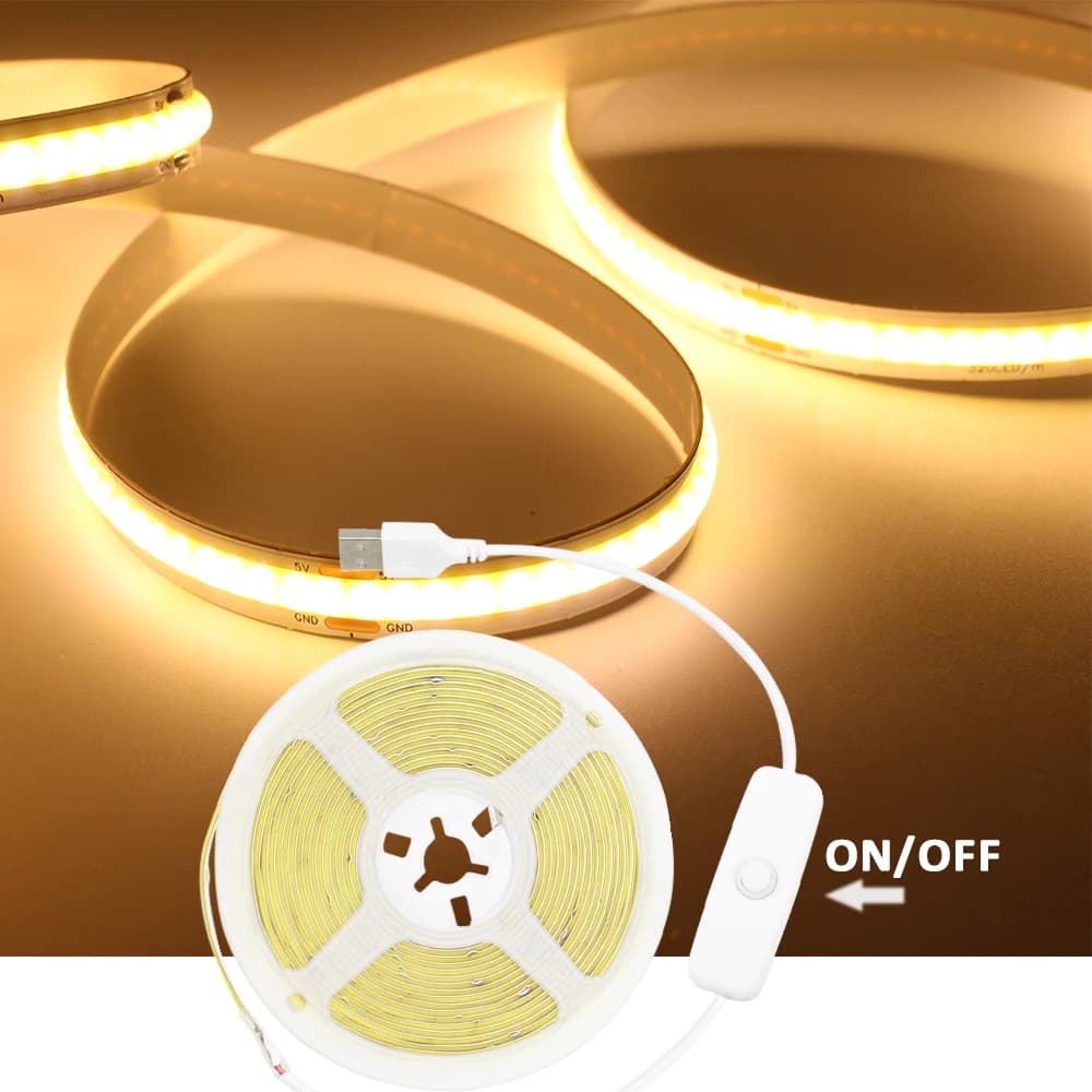Striscia LED COB USB 5V con Interruttore ON/OFF 501, Larghezza 8mm, 320 LED/M, Illuminazione Luminosa Flessibile per Camera da Letto